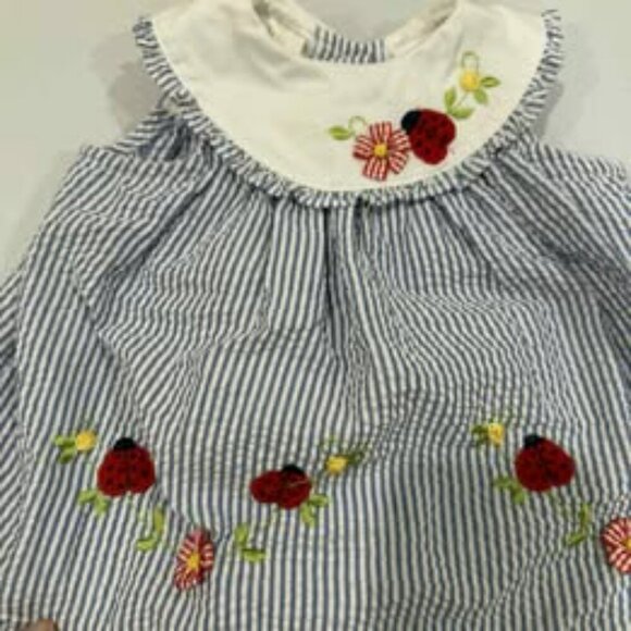 LITTLE BITTY TODDLER DRESS 6/9 LIGHT BLUE/WHITE WITH FLOWERS AND LADYBUGS - Picture 2 of 5